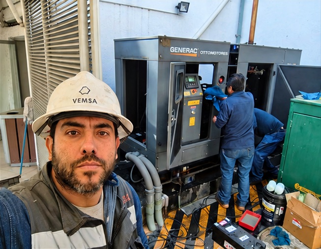 Técnicos de Vemsa en el mantenimiento de una planta de emergencia